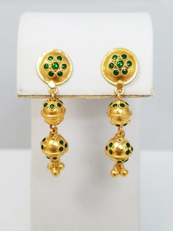 ladies-flower-ear-cuff-earrings-Striking 22k Yellow Gold Green Enamel Dangle Earrings