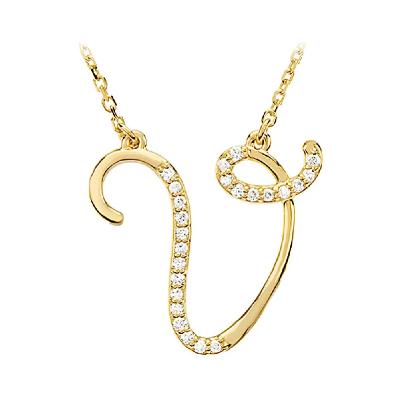 Ladies necklaces for brush vibes -1/8 Ctw Diamond 14k Yellow Gold Medium Script Initial V Necklace, 17in