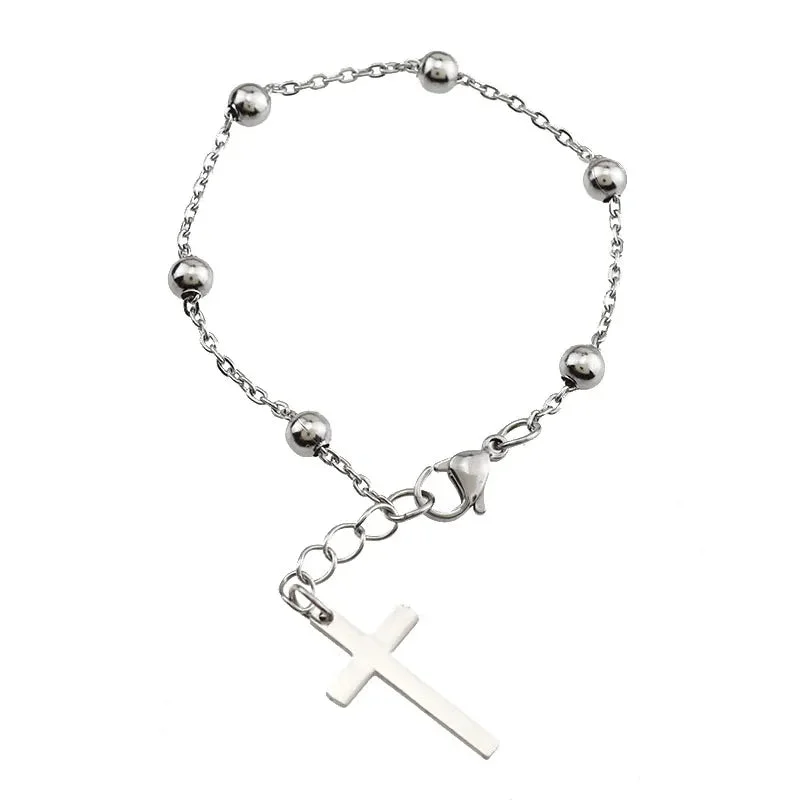 Ladies bracelets skin-friendly alloys -Stainless Steel Ball Chain With Cross Bracelet