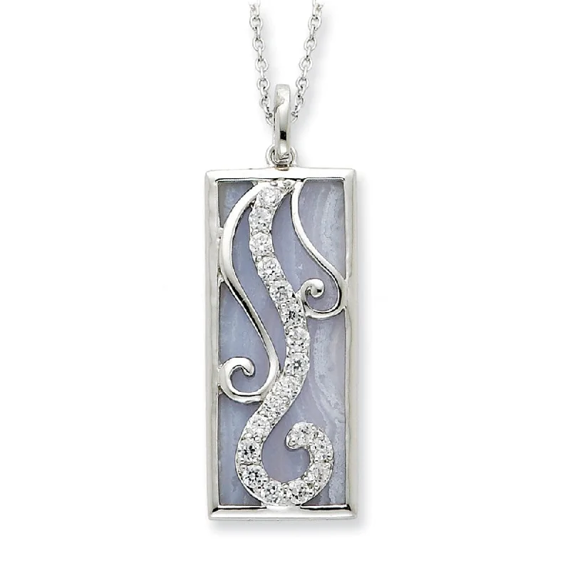 Ladies necklaces quirky elegance -Rhodium Sterling Silver, Blue Lace Agate & CZ Living Water Necklace