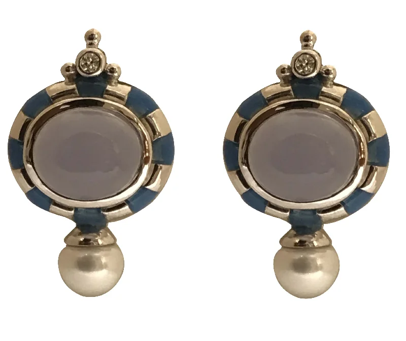 ladies-party-teardrop-earrings-Earrings - Chalcedony, Diamond and Pearl (Enamel) in Sterling Silver