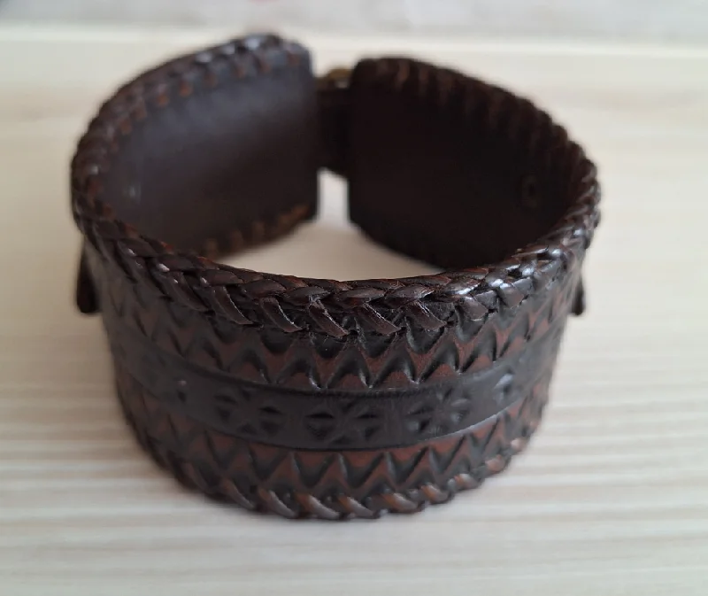 Ladies bracelets stylish charm -Genuine Leather Buck Stitched Cuff Bracelet