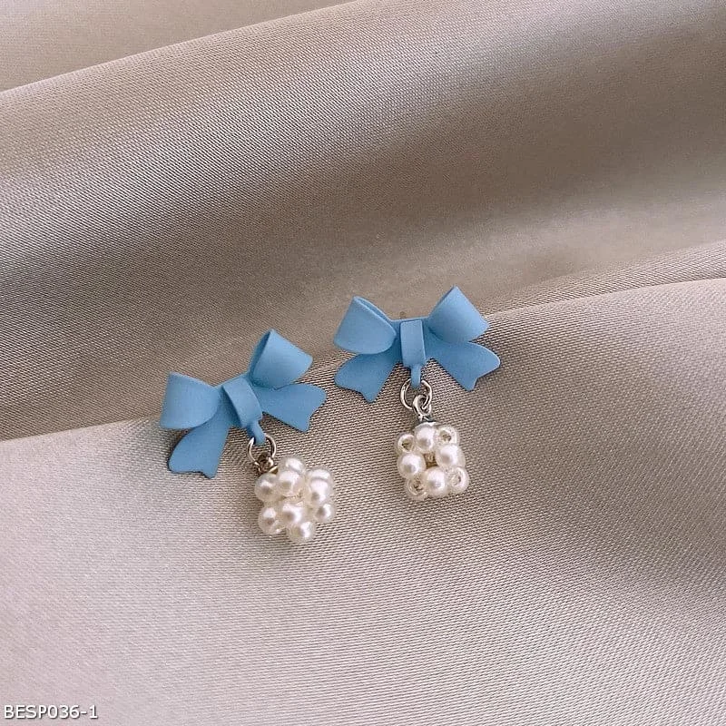 ladies-ethnic-mini-hoop-earrings-Blue bow pearl ball earrings