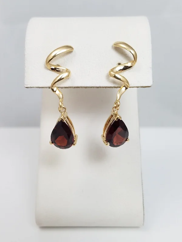 ladies-gemstone-teardrop-earrings-Whimsical 14k Yellow Gold Natural Garnet Dangle Earrings