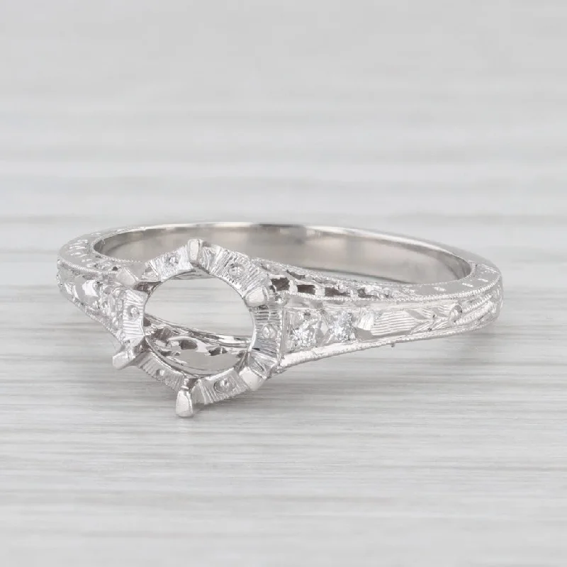 engagement-oval-silver-rings-New Whitehouse Vintage Style Floral Filigree Platinum Semi Mount Engagement Ring