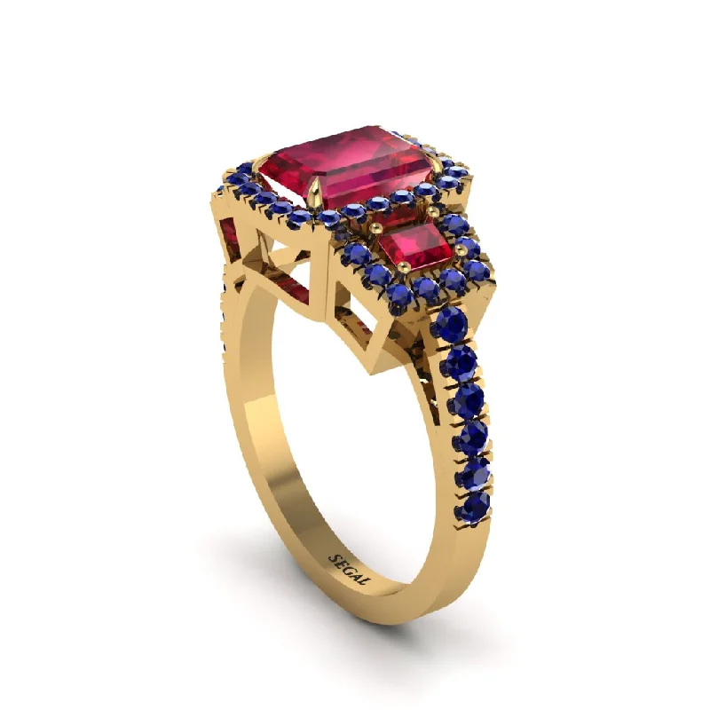 engagement-rose-gold-bezel-set-rings-Ruby Three Halo Radiance Engagement Ring - Emely No. 70