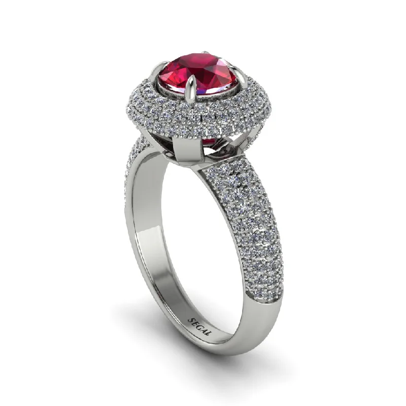 engagement-cushion-cut-white-gold-rings-Ruby Golden Majesty Pave Halo Engagement Ring - Myra No. 12