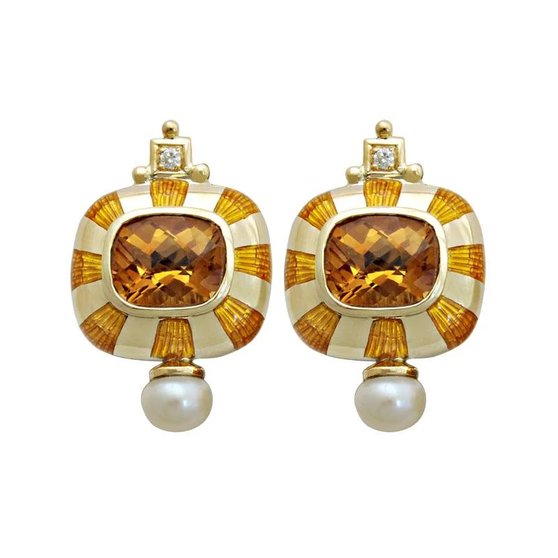 ladies-rose-gold-silver-earrings-Earrings-Citrine, Pearl and Diamond (Enamel)  (1714G)