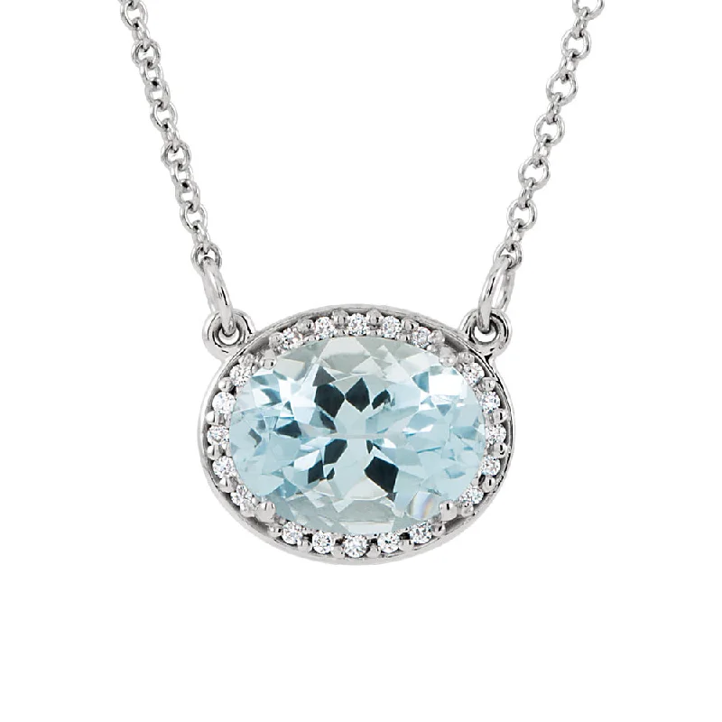 Ladies necklaces for cocktail vibes -Oval Aquamarine & .05 Ctw Diamond Necklace in 14k White Gold, 16 Inch