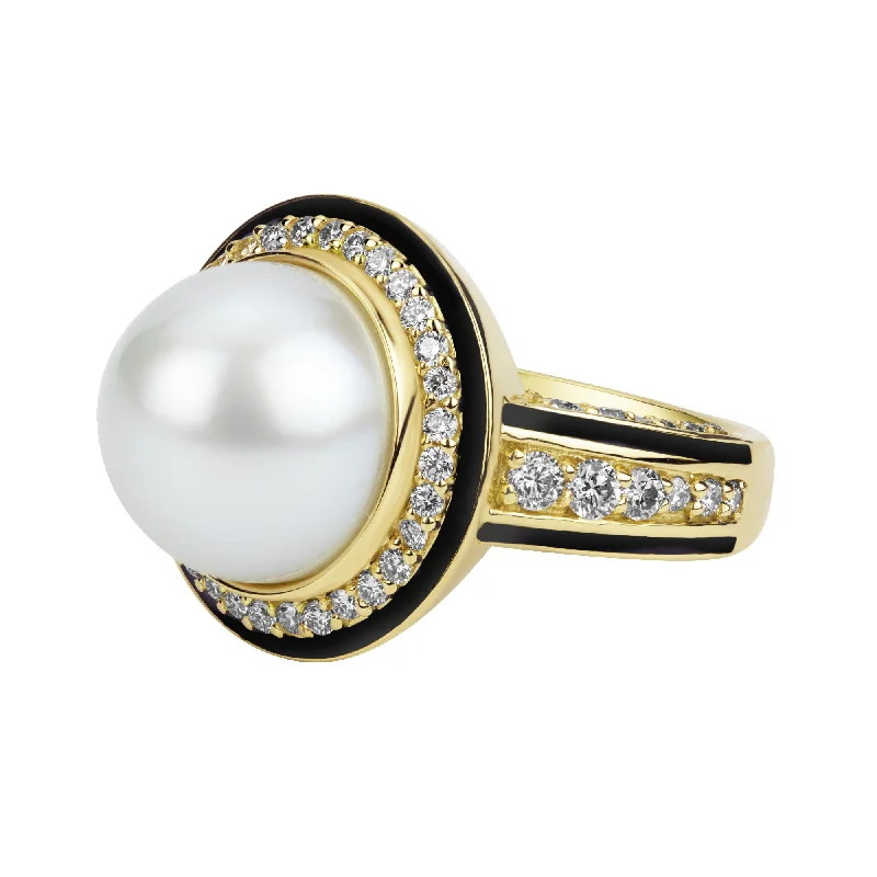 ladies-modern-platinum-rings-Ring - South Sea Pearl And Diamond (enamel)