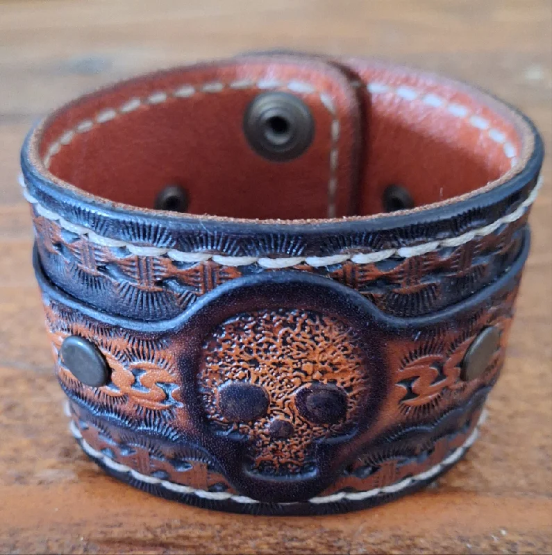 Ladies bracelets artsy charm -Genuine Leather Handmade Sugar Skull Cuff Bracelet