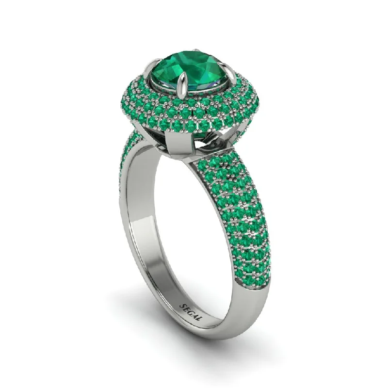 engagement-pearl-bezel-set-rings-Emerald Golden Majesty Pave Halo Engagement Ring - Myra No. 21