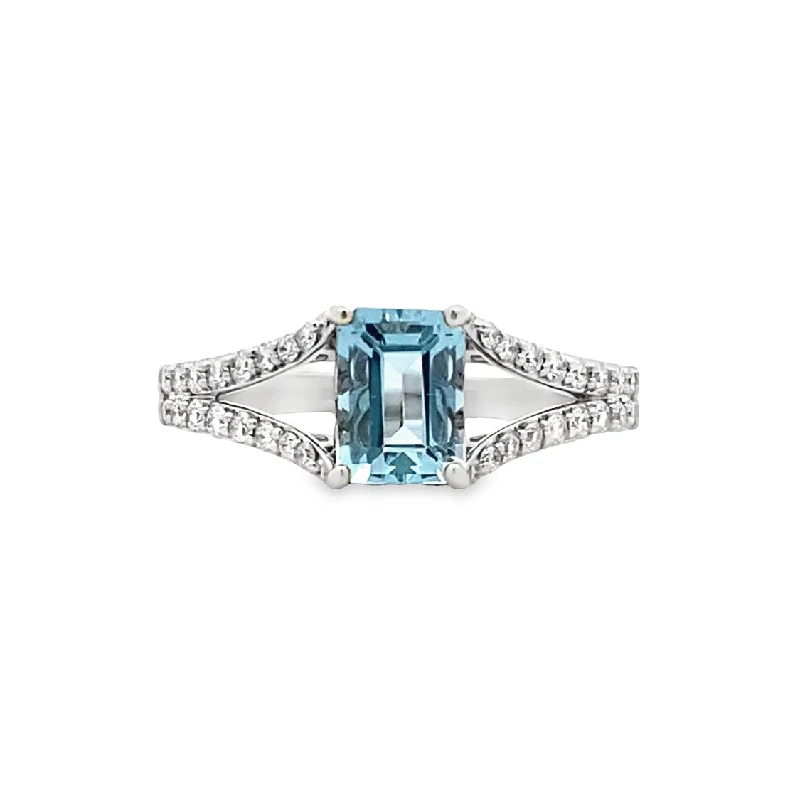 ladies-white-gold-shank-rings-Emerald Cut Aquamarine and Diamond Ring in White Gold by Parle