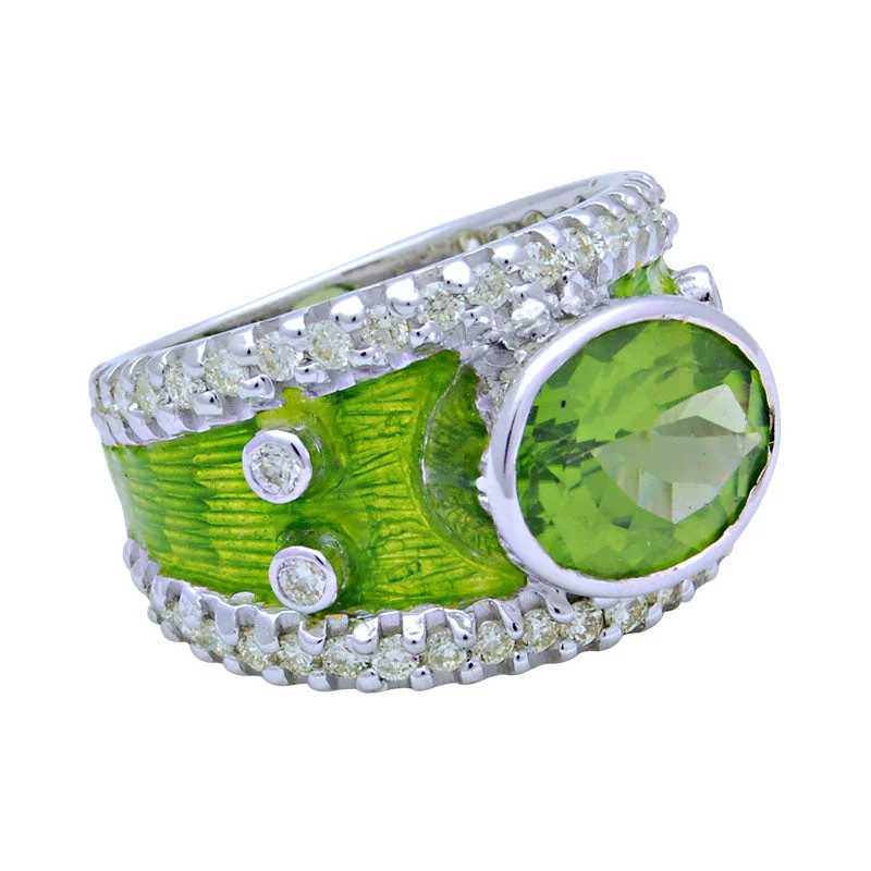 ladies-modern-silver-rings-Ring-Peridot and Diamond (Enamel)