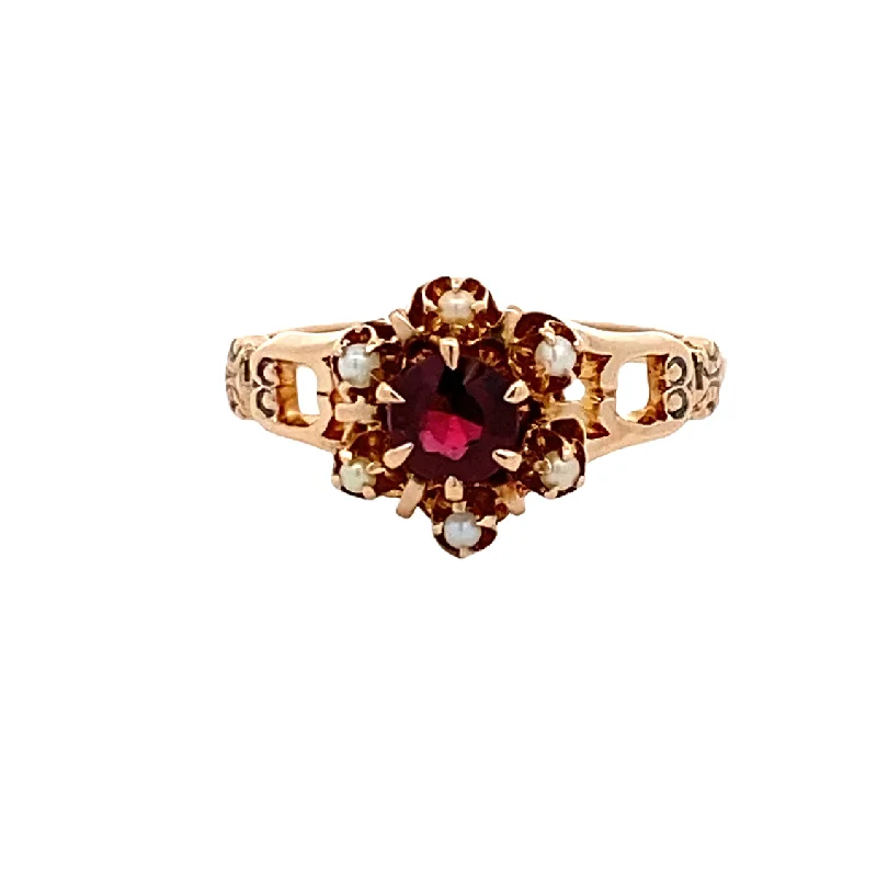 ladies-oval-platinum-rings-Estate Garnet and Seed Pearl Vintage Inspired Ring in Yellow Gold