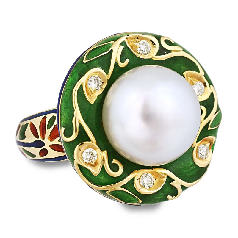 ladies-vintage-rose-gold-rings-Ring - South Sea Pearl and Diamond (Enamel)