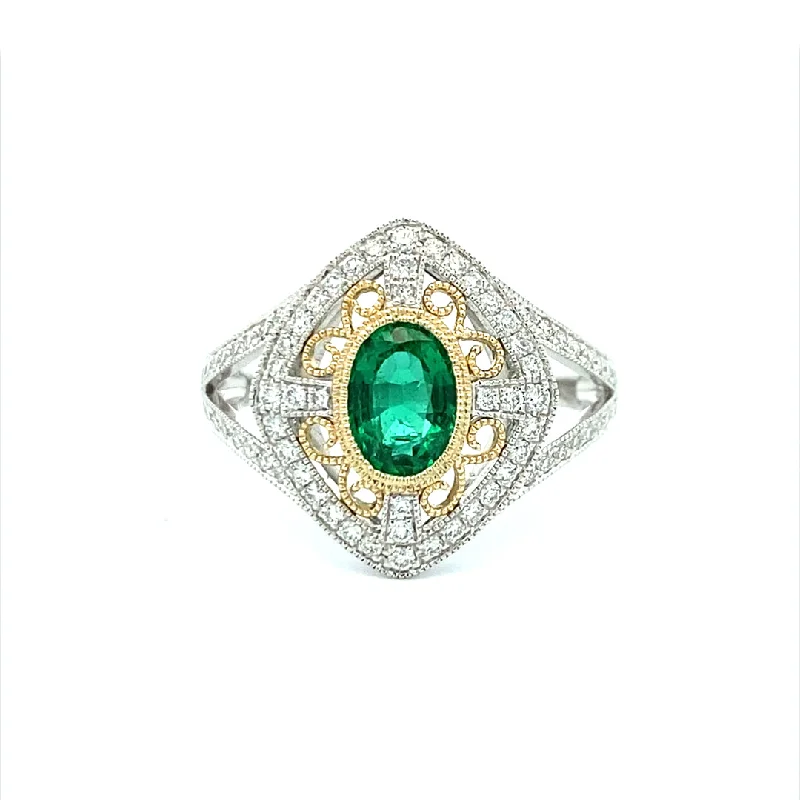 ladies-white-gold-cluster-rings-Emerald & Diamond Vintage Inspired Ring in Two-Tone Gold by B&C