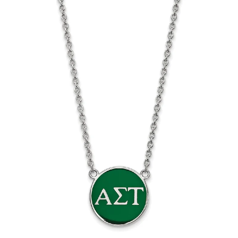 Ladies necklaces sleek elegance -Sterling Silver Alpha Sigma Tau Large Green Enamel Disc Necklace