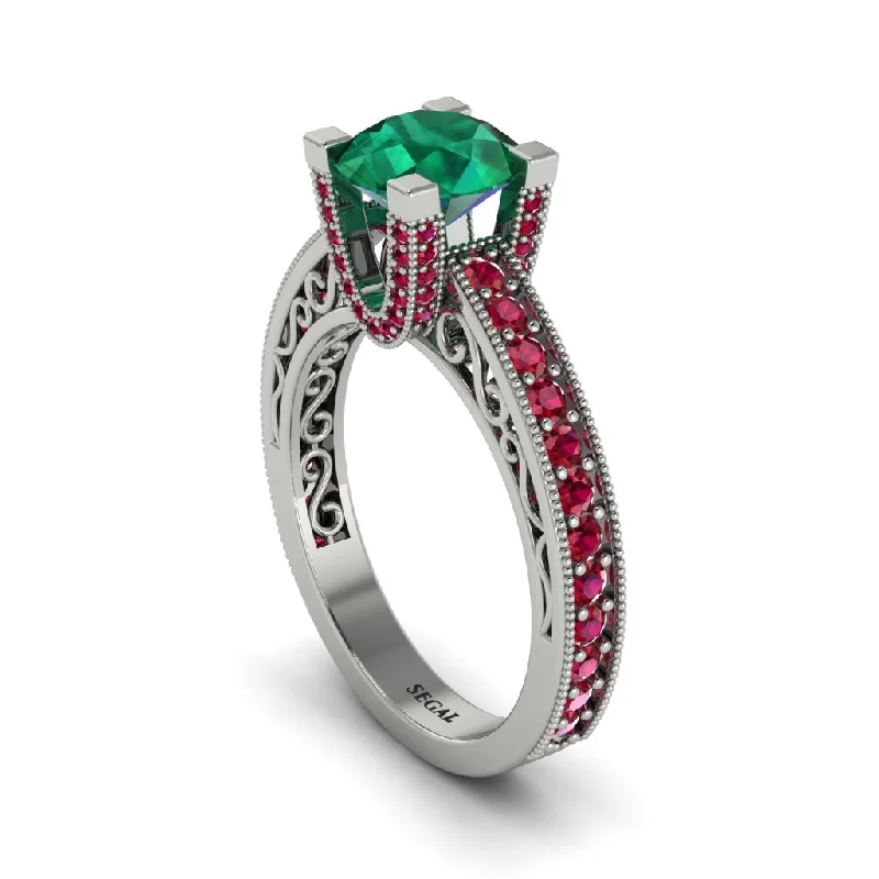 engagement-cushion-cut-white-gold-rings-Emerald Scrollwork Vintage Filigree Engagement Ring - Abby No. 51