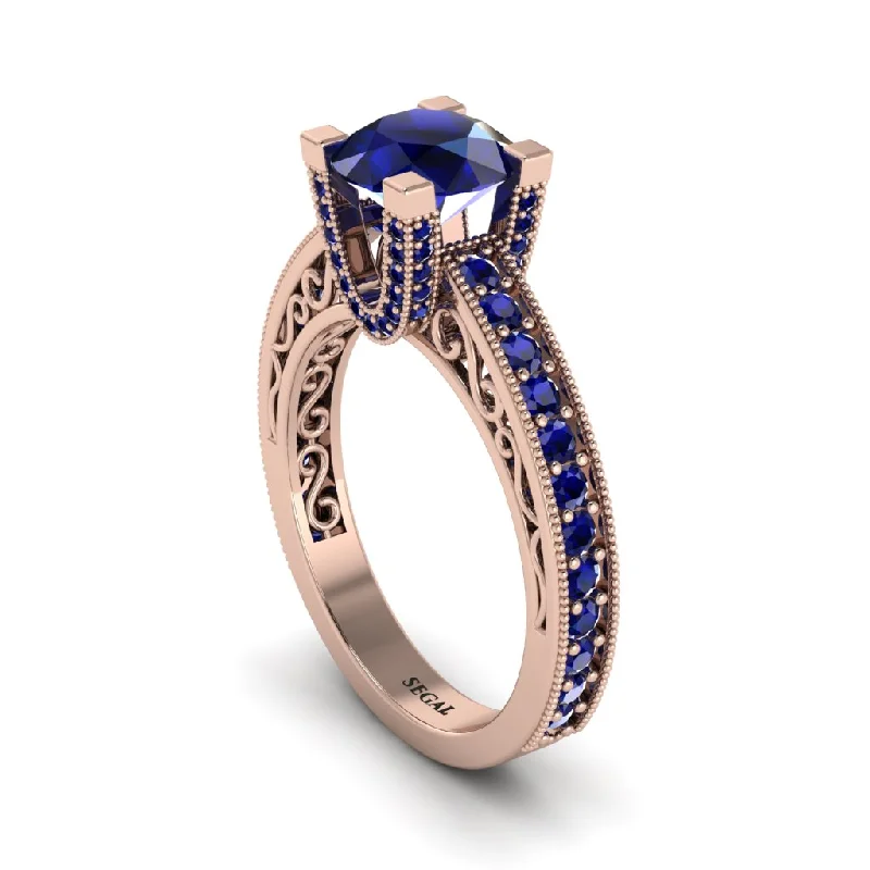 engagement-minimalist-pave-set-rings-Sapphire Scrollwork Vintage Filigree Engagement Ring - Abby No. 74