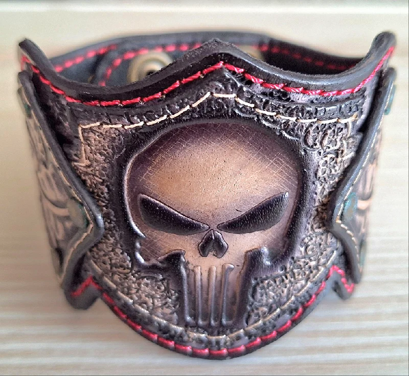 Ladies bracelets with sly charm -Genuine Leather Handcrafted Foral Punisher Cuff Bracelet