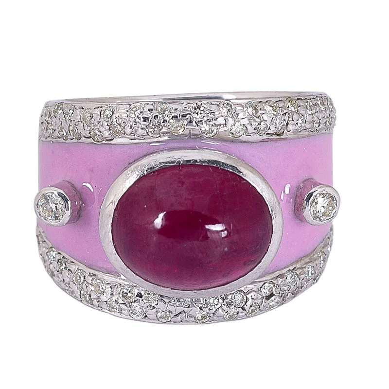 ladies-handmade-white-gold-rings-Ring- Glass Filled Ruby and Diamond (Enamel)