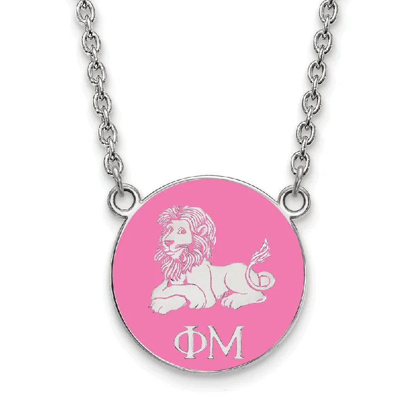 Ladies necklaces with burst pendants -Sterling Silver Phi Mu Small Pink Enamel Lion Disc Necklace