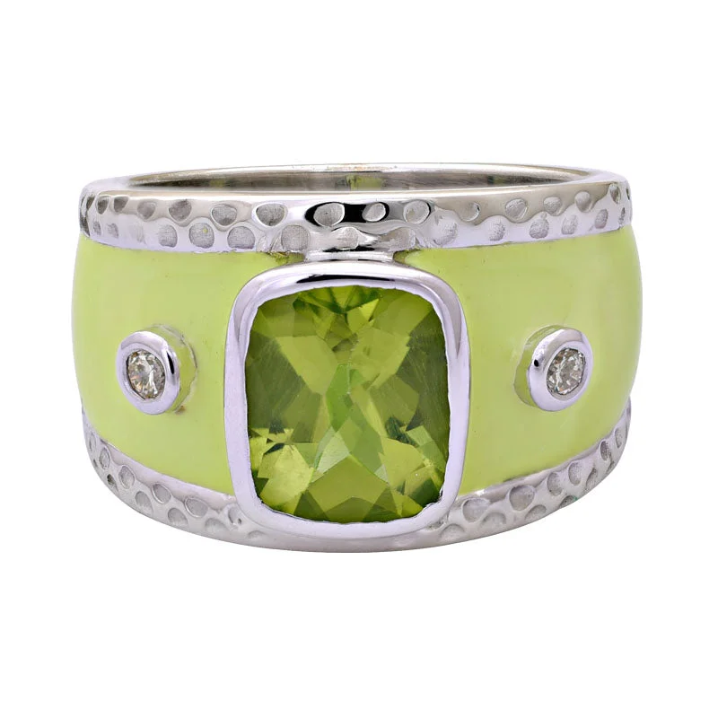 ladies-cushion-cut-white-gold-rings-Ring-Peridot and Diamond (Enamel)