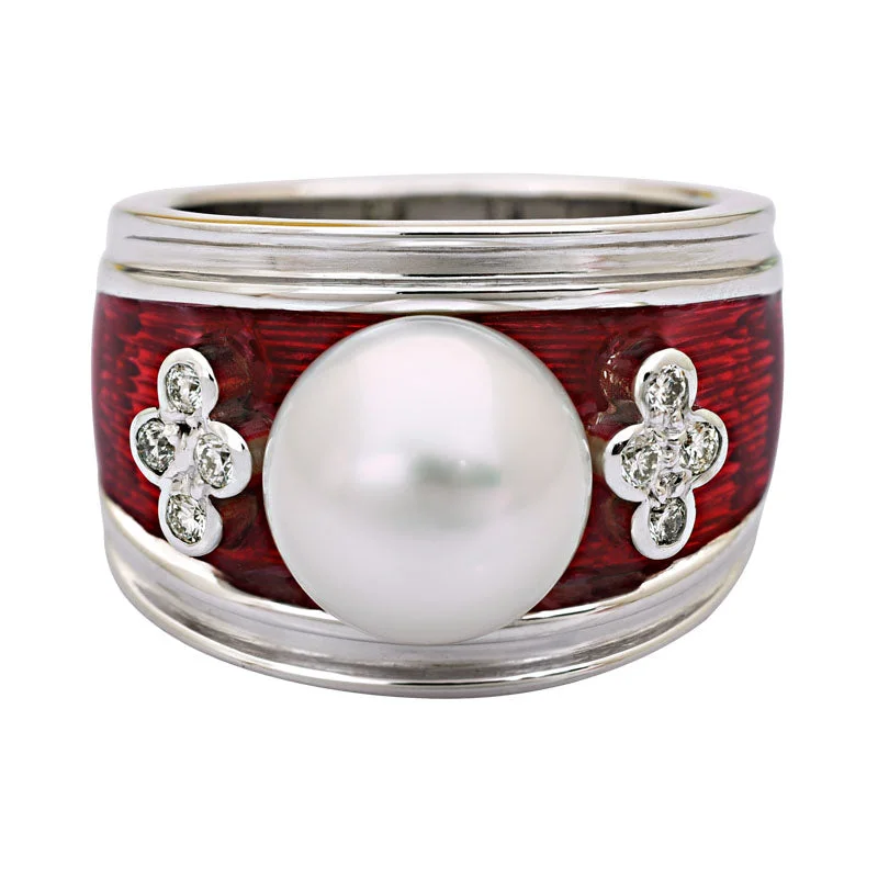 ladies-emerald-cut-rose-gold-rings-Ring-South Sea Pearl and Diamond (Enamel)