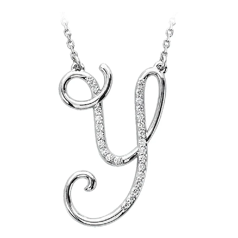 Ladies necklaces with serenity charms -1/8 Ctw Diamond Sterling Silver Medium Script Initial Y Necklace, 16in