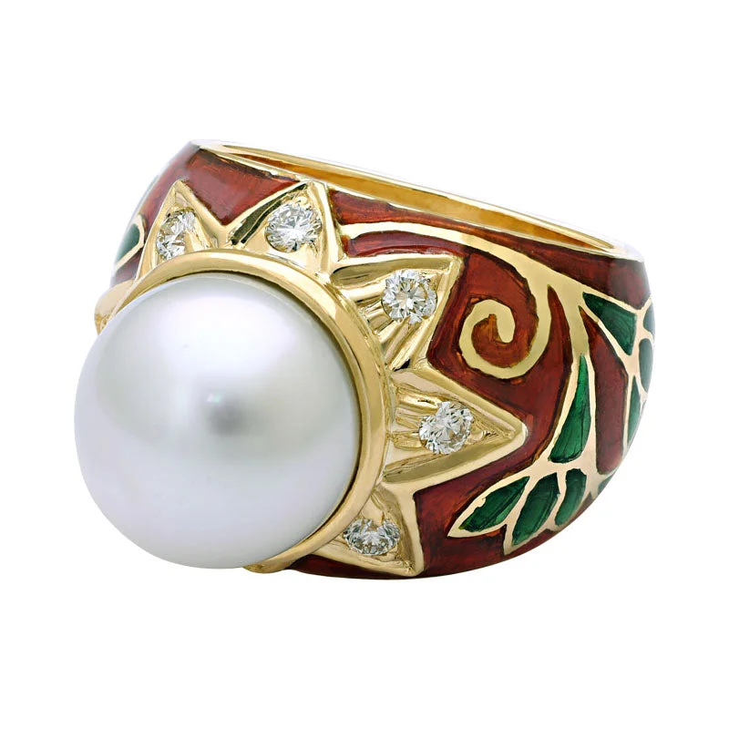 ladies-modern-rose-gold-rings-Ring-South Sea Pearl and Diamond (Enamel)