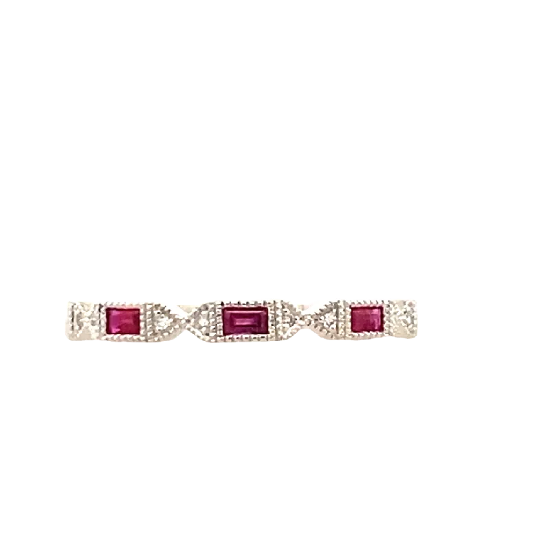 ladies-wedding-channel-set-rings-Baguette Ruby and Diamond Stackable Ring in Yellow Gold