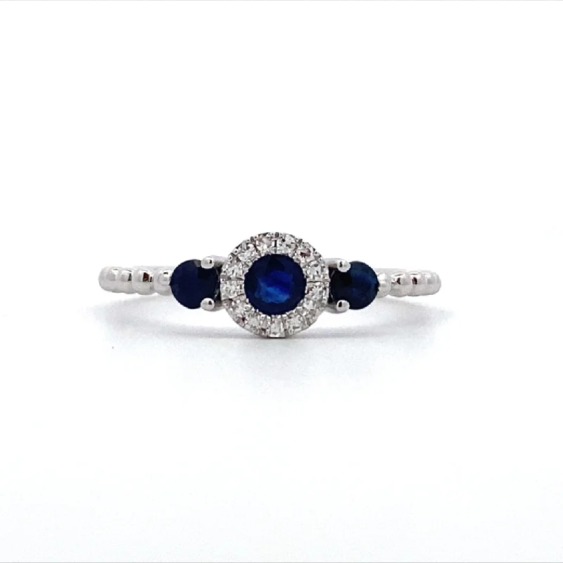 ladies-birthstone-cluster-rings-Sapphire  and Diamond Halo Style Ring in White Gold