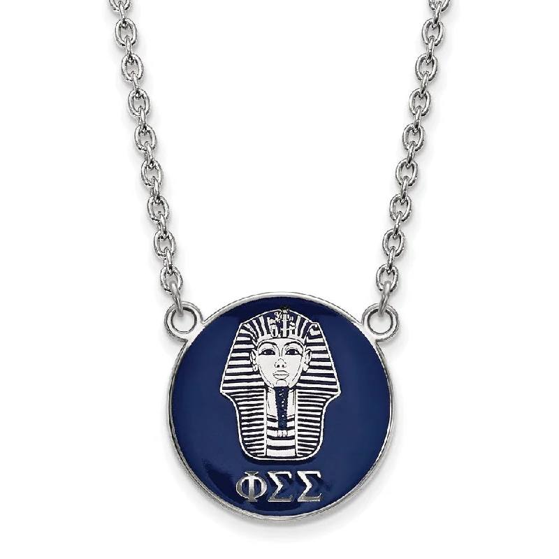 Ladies necklaces with plum garnet -Sterling Silver Phi Sigma Sigma Large Navy Enamel Sphinx Disc Necklace