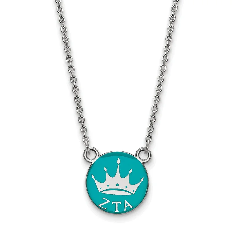 Ladies necklaces edgy flair -Sterling Silver Zeta Tau Alpha Small Enamel Crown Disc Necklace