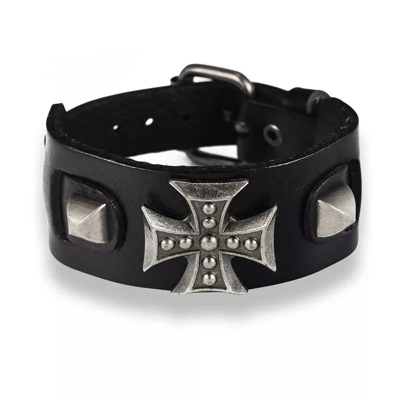 Ladies bracelets with trove charm -Iron Cross Leather Bracelet