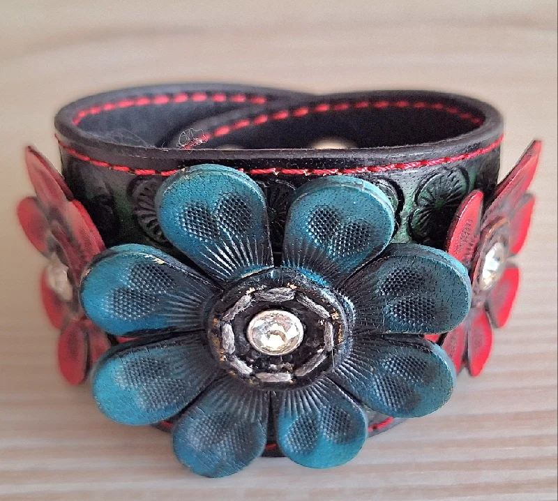 Ladies bracelets smooth charm -Genuine Leather Handcrafted Two Tone Daisy with CZ Cuff Bracelet