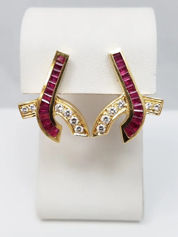 ladies-pearl-mini-hoop-earrings-Exquisite 18k Yellow Gold Natural Ruby Diamond Custom Earrings