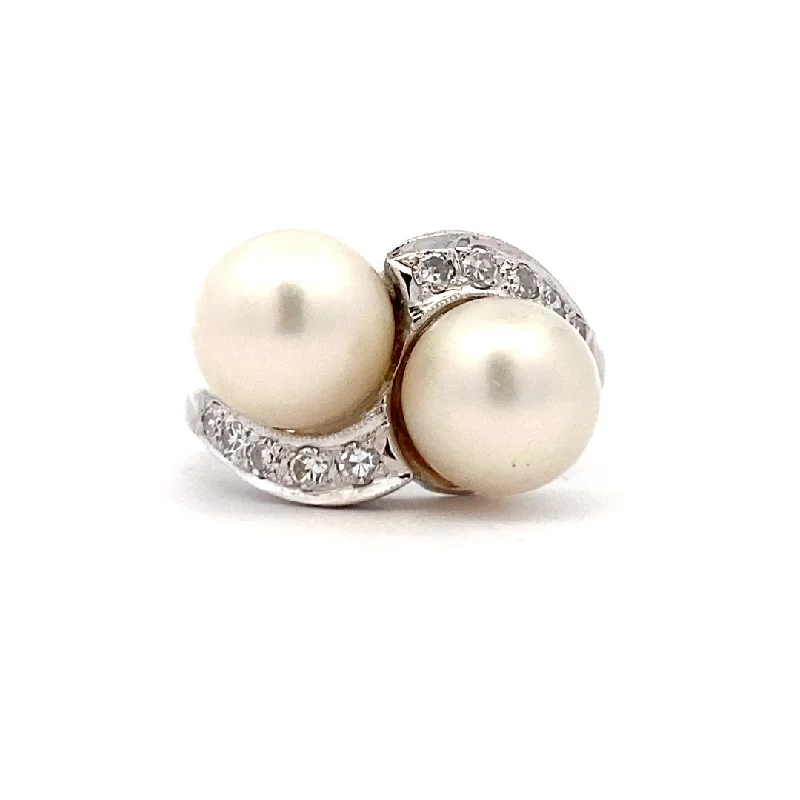 ladies-oval-platinum-rings-Estate Twist Style Pearl and Diamond Ring in White Gold