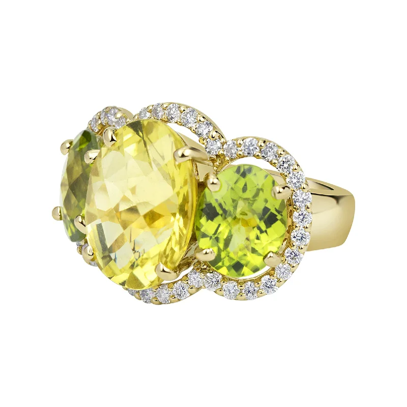 ladies-vintage-rose-gold-rings-Ring - Lemon Quartz, Peridot And Diamond