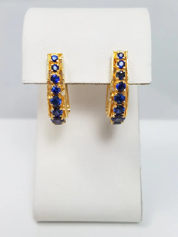 ladies-sterling-silver-mini-hoop-earrings-Gorgeous 22k Yellow Gold Lab Created Sapphire Hoop Earrings