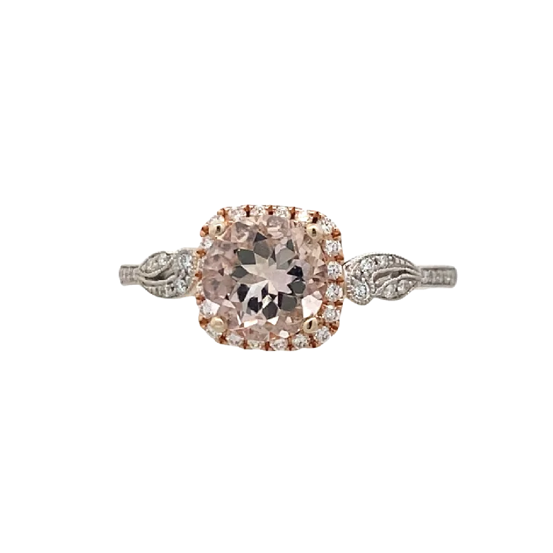 ladies-platinum-cluster-rings-Morganite & Diamond Halo Style Ring in Two-Tone Gold by Simon G