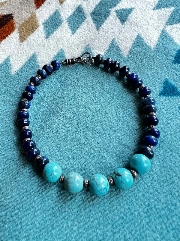 Ladies bracelets for boho elegance -Turquoise and Lapis Beaded Bracelet