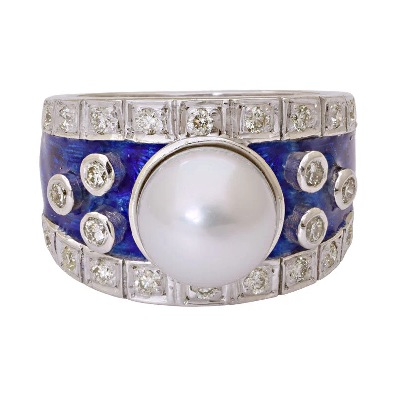 ladies-white-gold-cluster-rings-Ring-South Sea Pearl and Diamond (Enamel)