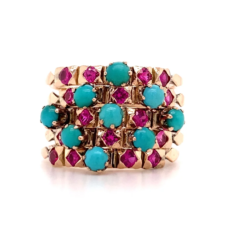 ladies-pearl-channel-set-rings-Estate Synthetic Ruby and Turquoise Ring in Rose Gold