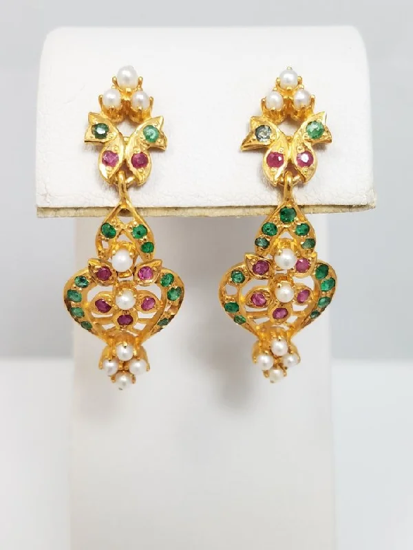 ladies-rustic-chain-link-earrings-Ornate 22k Yellow Gold Emerald Ruby Dangle Earrings