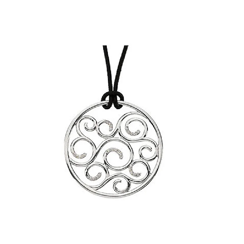 Ladies necklaces arched charm -Diamond Scroll Circle Necklace, Sterling Silver and Black Leather Cord