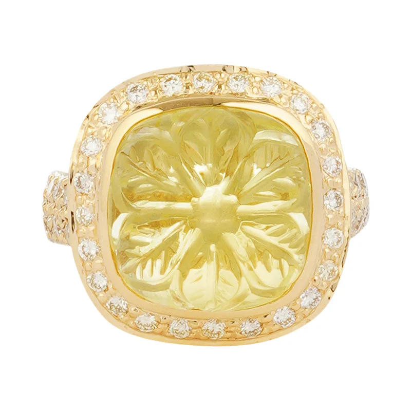 ladies-round-silver-rings-Ring - Lemon Quartz and Diamond