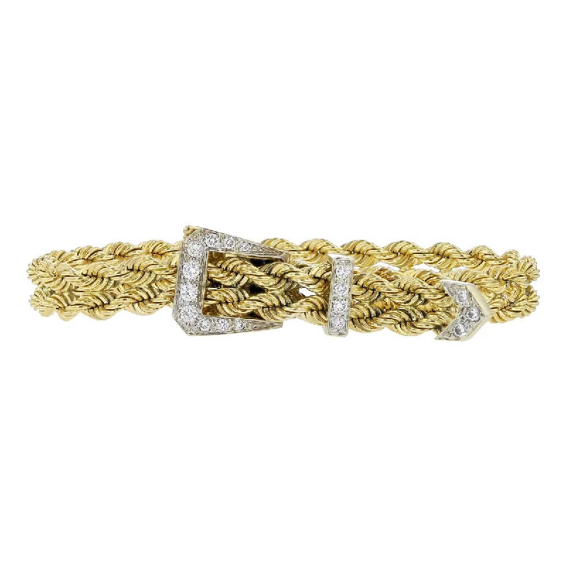 Ladies bracelets for tech elegance -14K Gold Double Row Rope Diamond Buckle Bracelet