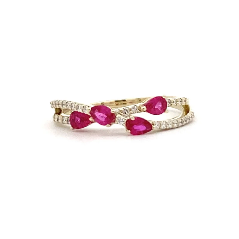 ladies-diamond-cathedral-rings-Ruby & Diamond Cross Over Style Ring in Yellow Gold by Zeghani